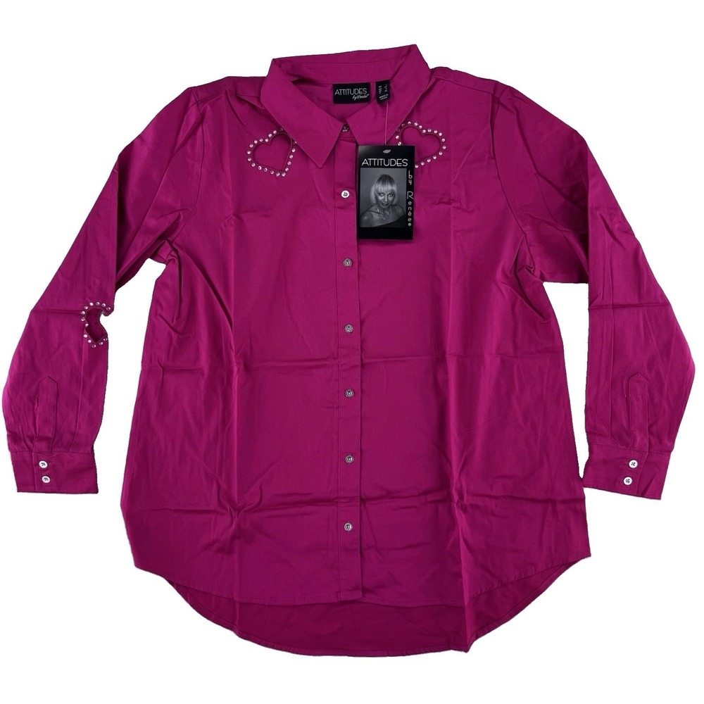 Attitudes by Renee Woven Heart Cutout Button Front Shirt Large Lipstick Pink